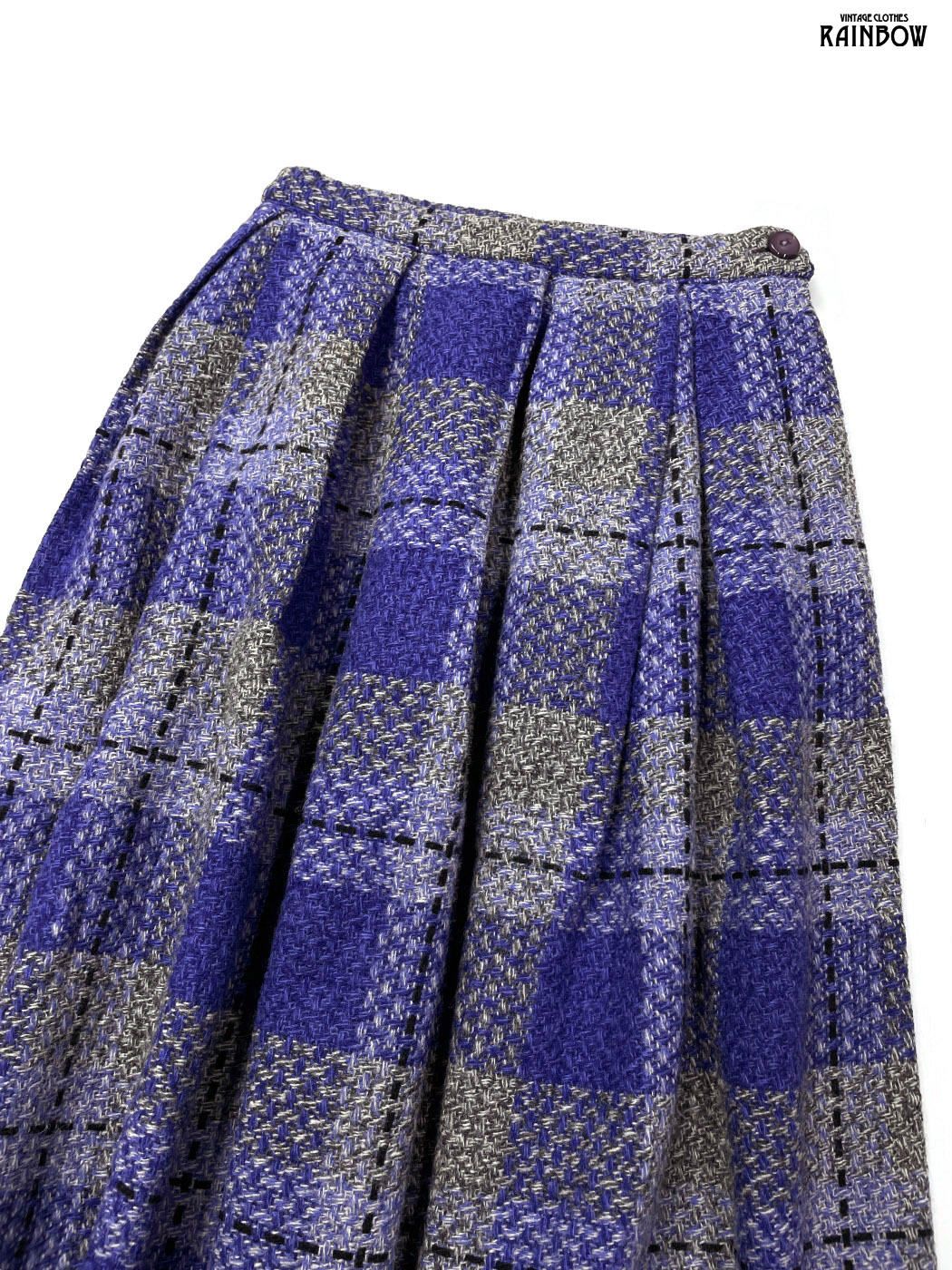 古着 チェック柄 ウール 膝丈 タック スカート 紫 btu 2512007