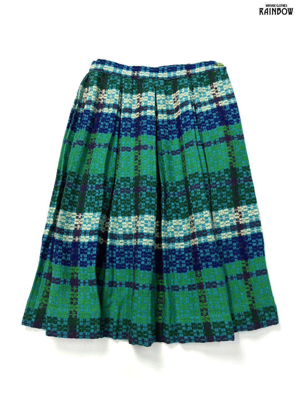 古着 チェック柄 ウール 膝丈 プリーツ スカート 青 緑 btu 2512013
