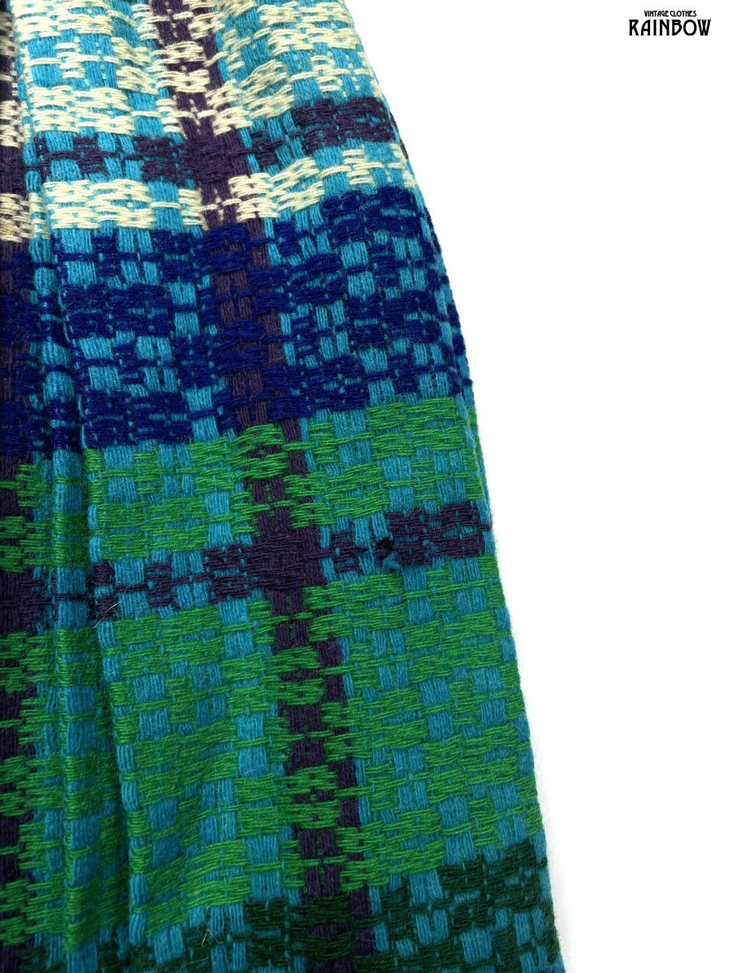  古着 チェック柄 ウール 膝丈 プリーツ スカート 青 緑 btu 2512013 その他 スカート