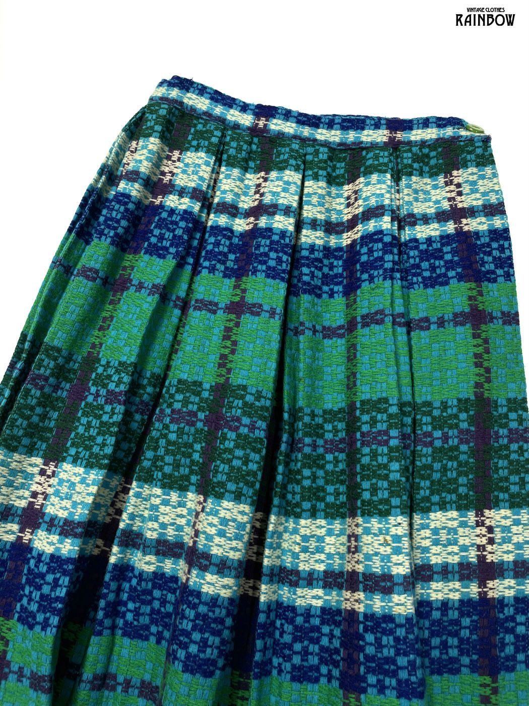 古着 チェック柄 ウール 膝丈 プリーツ スカート 青 緑 btu 2512013