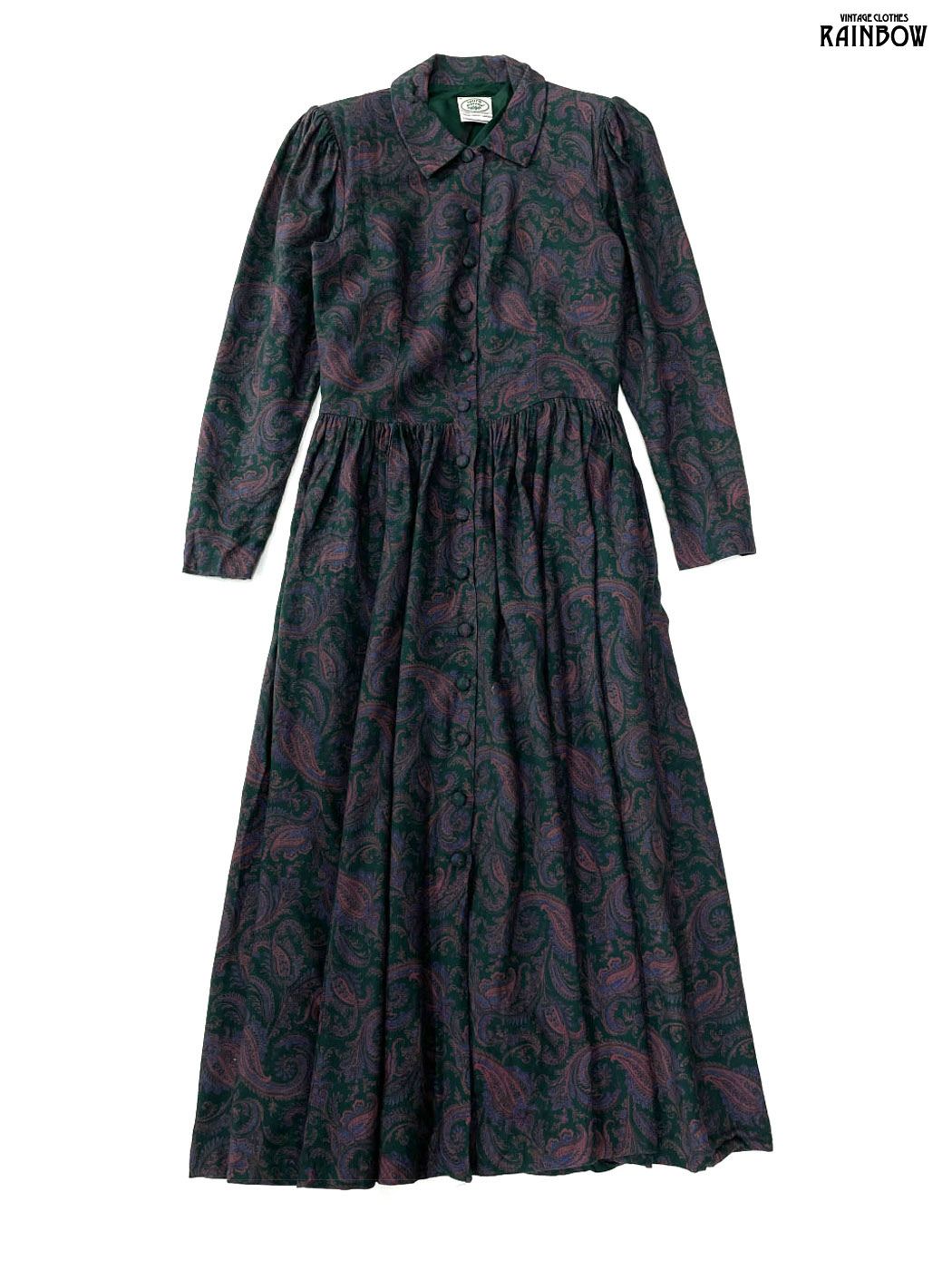 古着 Laura ashley ローラアシュレイ イギリス製 ベルト付き 総柄 ペイズリー柄 ウール ロング丈 長袖 ワンピース 緑 otu 2508055