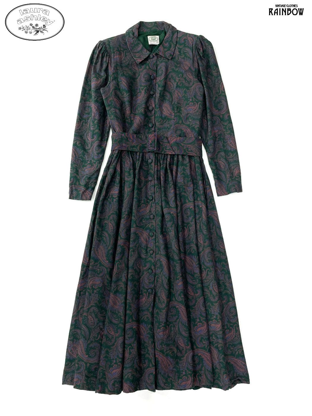 古着 Laura ashley ローラアシュレイ イギリス製 ベルト付き 総柄 ペイズリー柄 ウール ロング丈 長袖 ワンピース 緑 otu 2508055