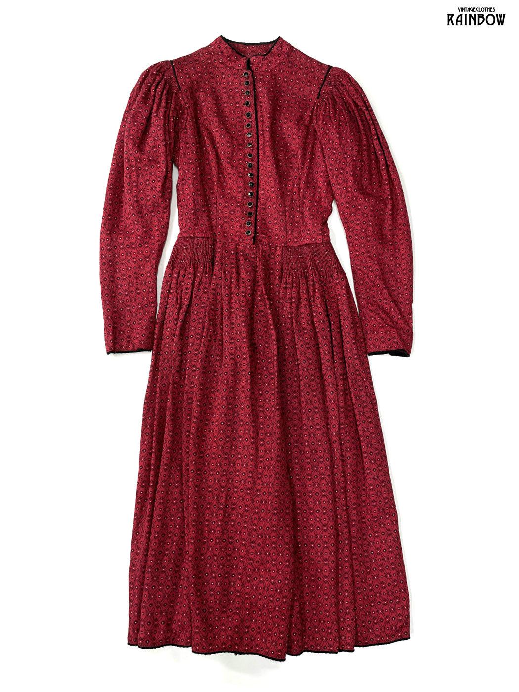 古着 総柄 コットン ロング丈 長袖 ワンピース 赤 otu 2508057