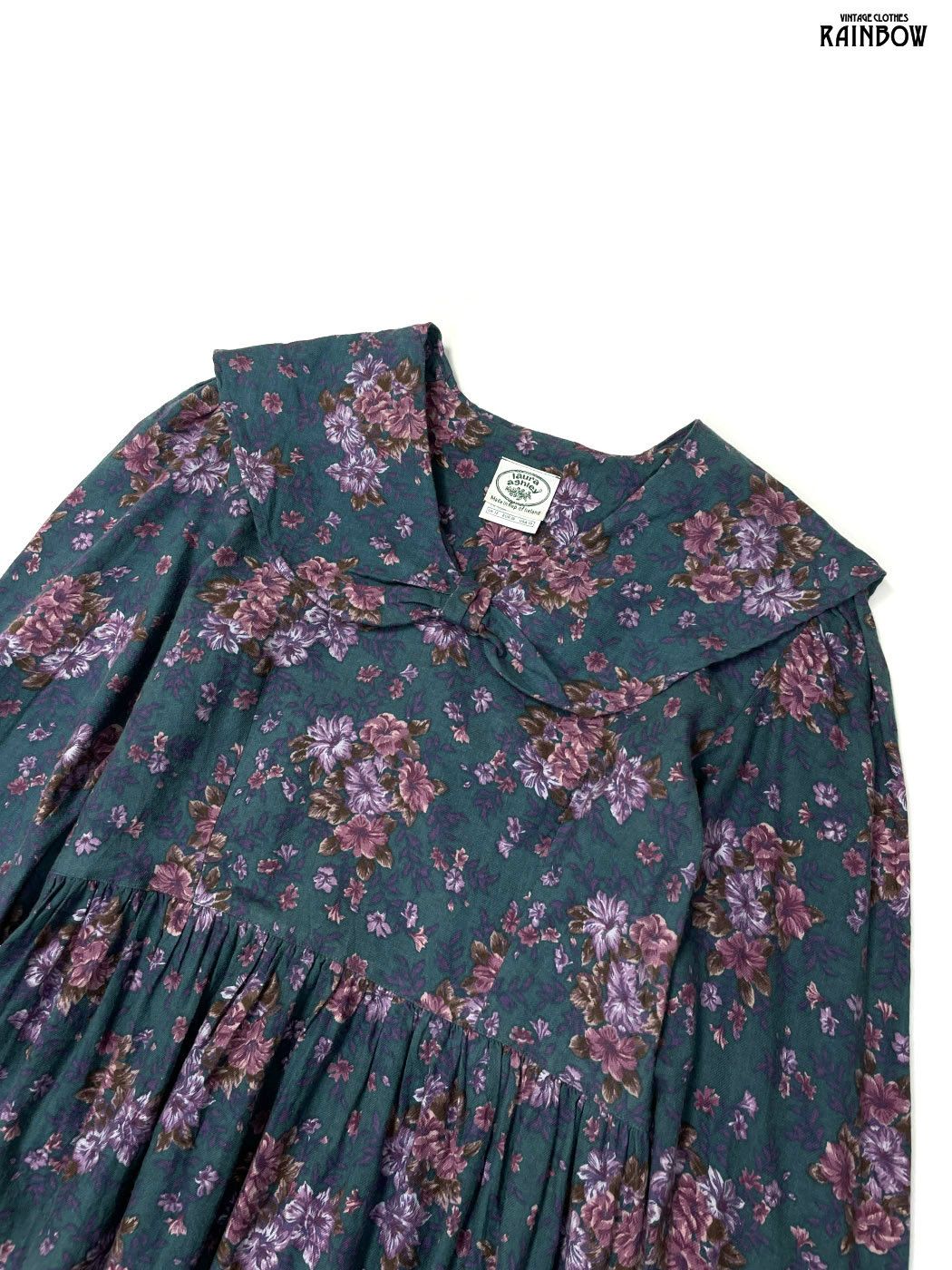 古着 LAURA ASHLEY ローラアシュレイ 花柄 コットン100％ ロング丈 長袖 ワンピース ブルー グリーン otu 2508073