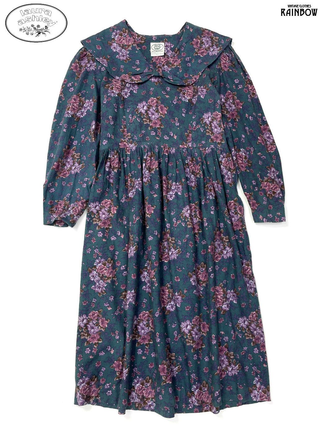 古着 LAURA ASHLEY ローラアシュレイ 花柄 コットン100％ ロング丈 長袖 ワンピース ブルー グリーン otu 2508073