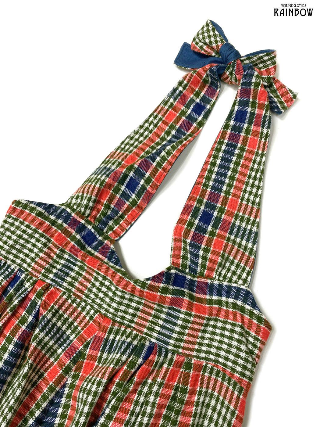 古着 ホルターネック リボン TALONジップ チェック柄 ウール ロング丈 キャミソール ワンピース オレンジ 緑 青 otu 2511030