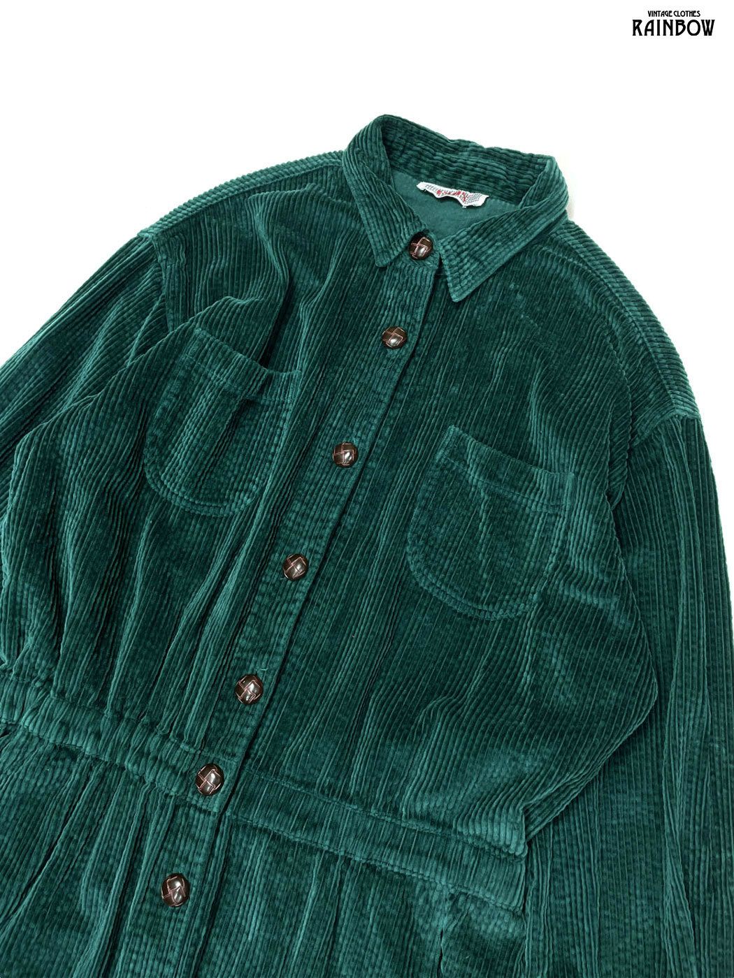 古着 FADS 前開き 無地 コーデュロイ 長袖 ワンピース ダークグリーン otu 2511036