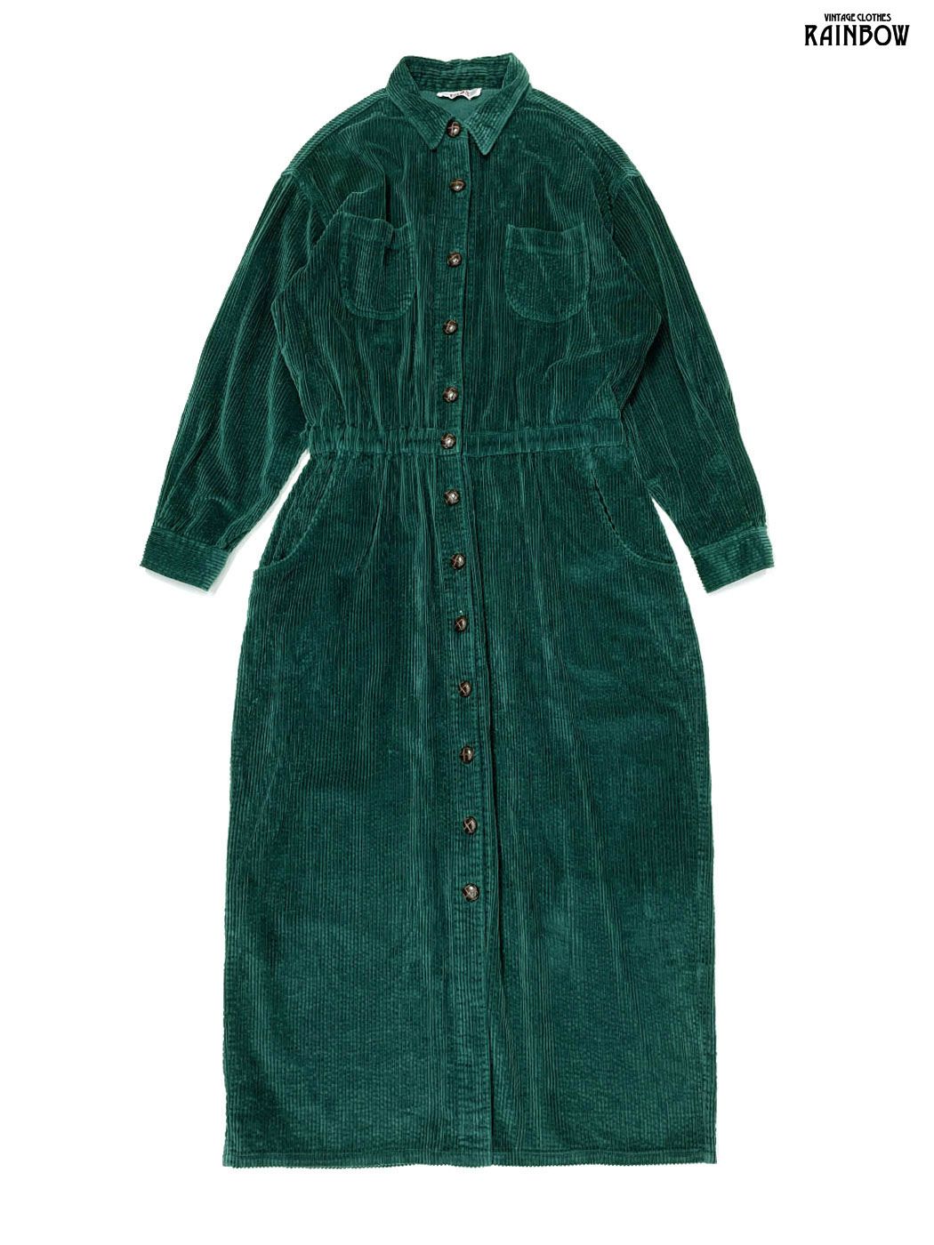古着 FADS 前開き 無地 コーデュロイ 長袖 ワンピース ダークグリーン otu 2511036