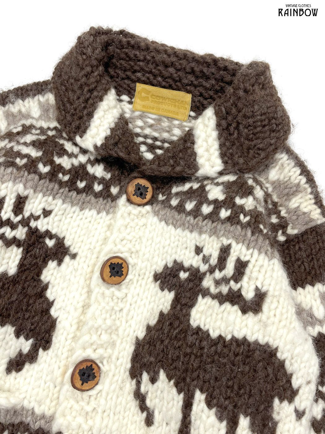 古着 COWCHAN トナカイ カナダ製 前開き 総柄 ノルディック柄 ウール100％ 長袖 ニット カーディガン 茶 ttu 2511063