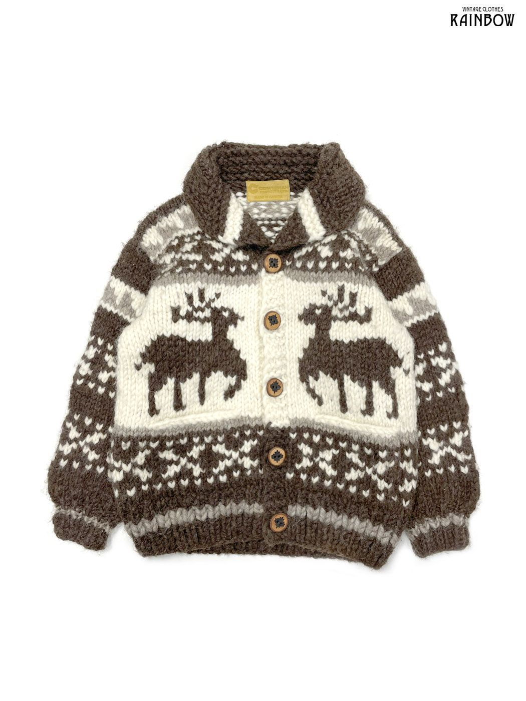 古着 COWCHAN トナカイ カナダ製 前開き 総柄 ノルディック柄 ウール100％ 長袖 ニット カーディガン 茶 ttu 2511063
