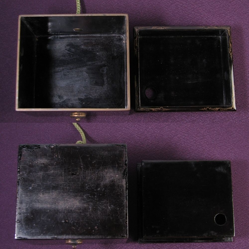 時代 香道具 木製漆塗鉄線唐草蒔絵香箱 香木入 幅：14.3cm 江戸～明治