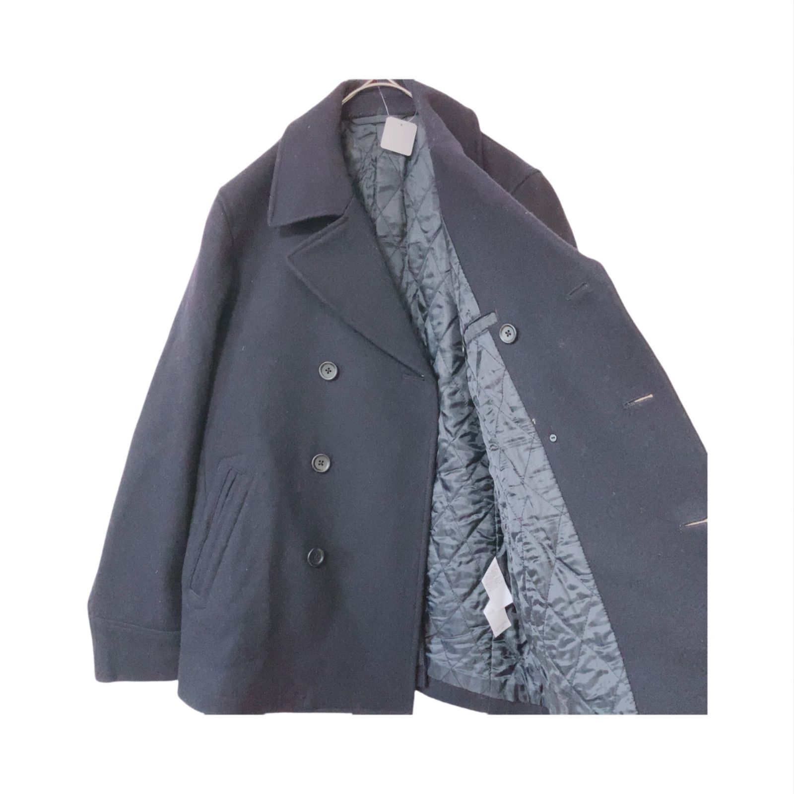 z1626 【美品】無印良品 中綿入り ウール混 ピーコート 紺 ネイビー