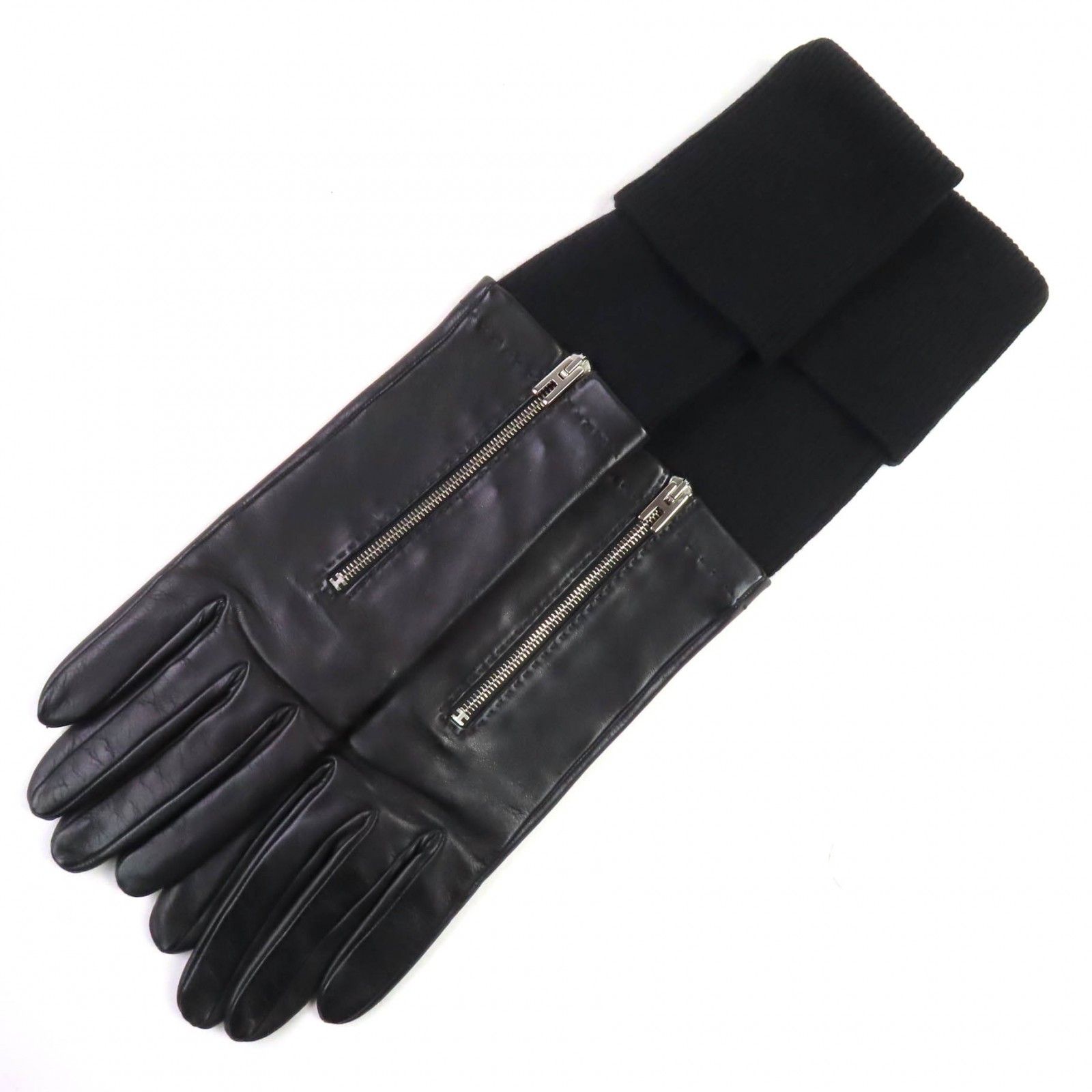 HERMES エルメス カシミヤ ラムスキン 切替 シルバー金具 Hロゴファスナー ロンググローブ 手袋 ブラック 6 5 フランス製 レディース
