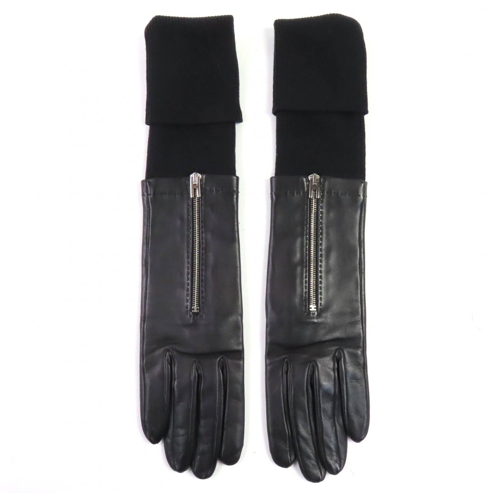 HERMES エルメス カシミヤ ラムスキン 切替 シルバー金具 Hロゴファスナー ロンググローブ 手袋 ブラック 6.5 フランス製 レディース