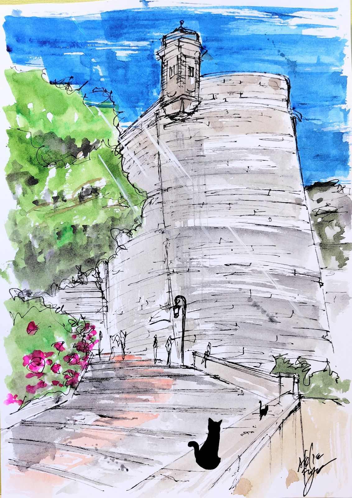 原画#49 モナコ 黒猫 猫 水彩画 ドローイング インテリア アート