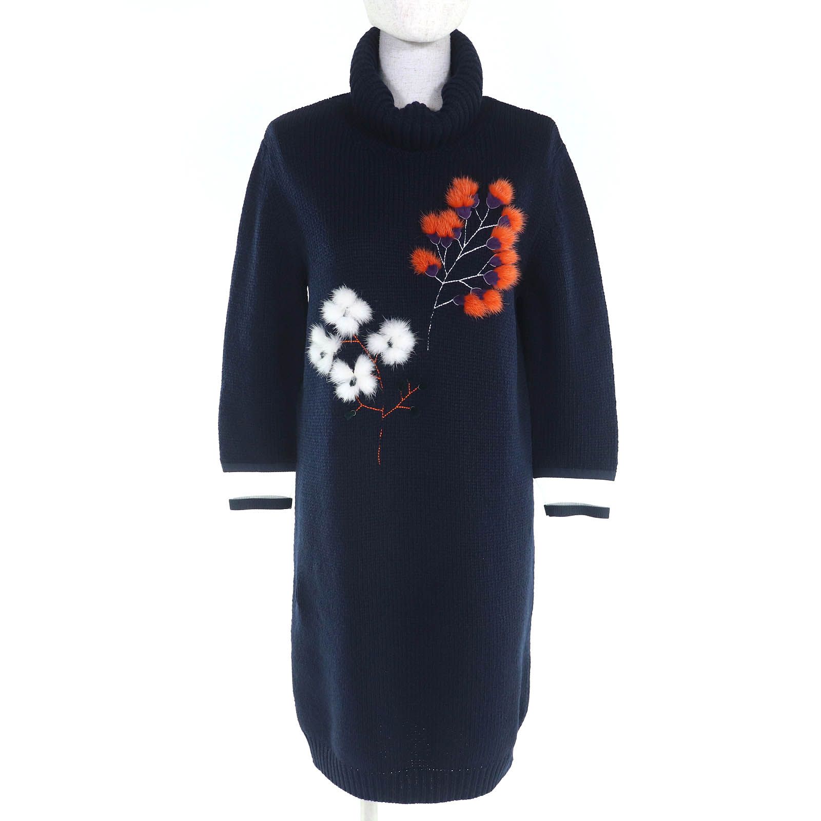 FENDI フェンディ カシミヤ100％ フラワーデザイン ミンクファー付き ハイネック ニット ワンピース ネイビー 40 イタリア製 レディース