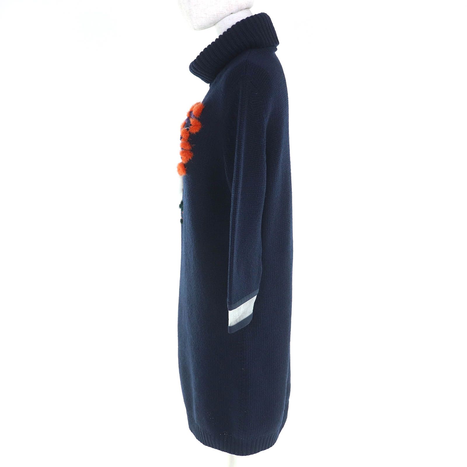 FENDI フェンディ カシミヤ100％ フラワーデザイン ミンクファー付き ハイネック ニット ワンピース ネイビー 40 イタリア製 レディース