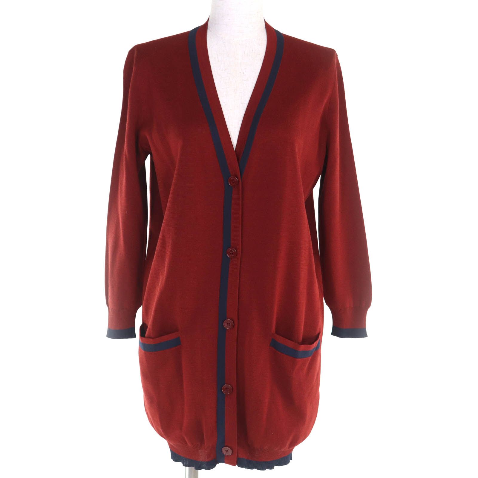 美品◇HERMES エルメス シルク カシミヤ ロゴボタン Vネック ライン入り カーディガン ボルドー ネイビー 38 伊製 正規品 レディース 美品◇HERMES エルメス シルク カシミヤ ロゴボタン Vネック ライン