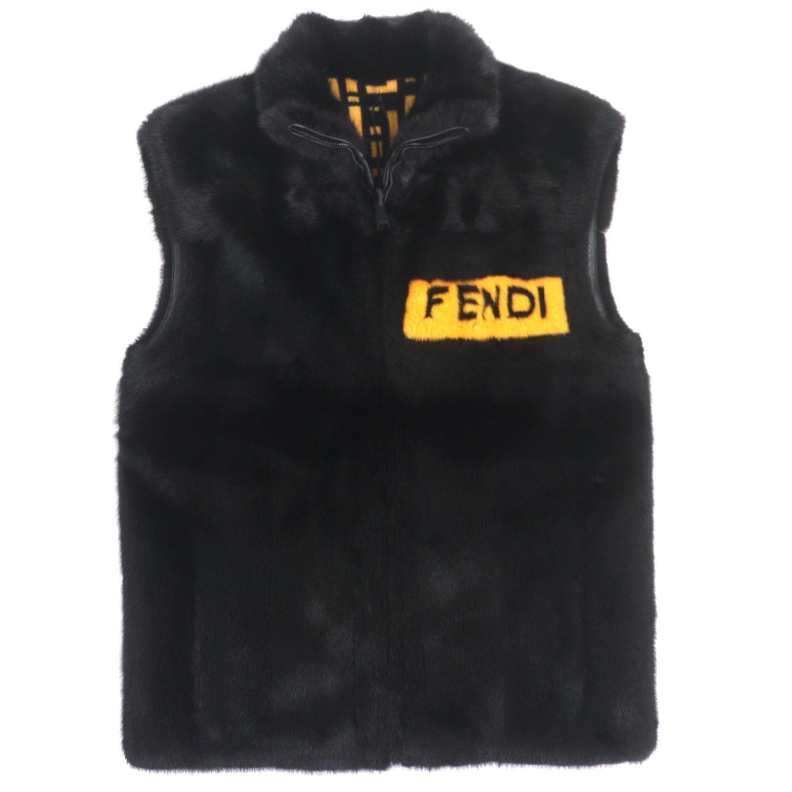 FENDI フェンディ FMH 024 ミンクファー MINK 羊革 ラムレザー カシミヤ FFロゴ ダブルジップアップ リバーシブル ジレ ベスト ブラック イエロー 50 イタリア製 メンズ