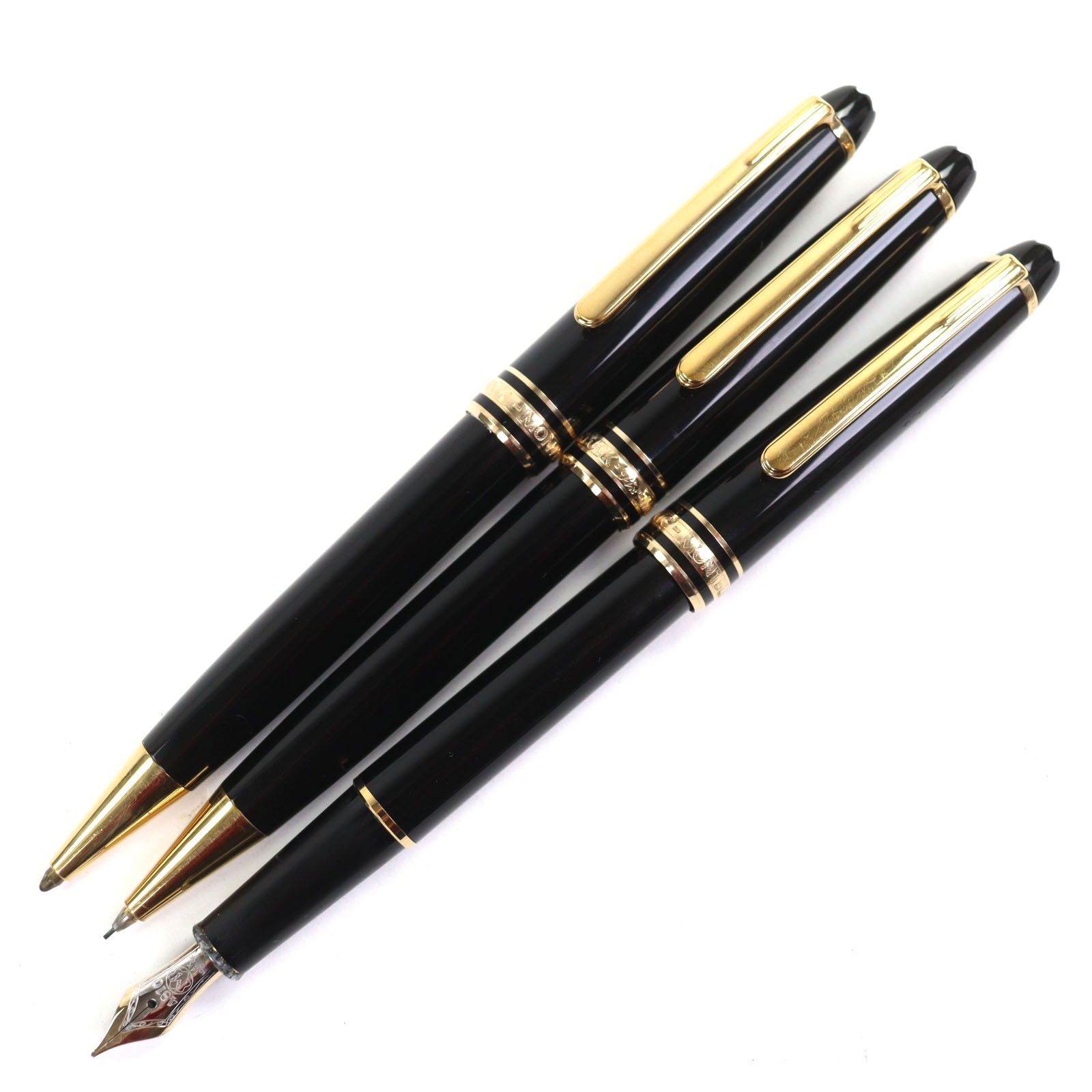モンブラン マイスターシュテュック クラシック ペン先14 K Mニブ ホワイトスター 万年筆 ボールペン シャープペンシル 3本セット ブラック ゴールド ケース付き ドイツ製 メンズ 筆記 済み