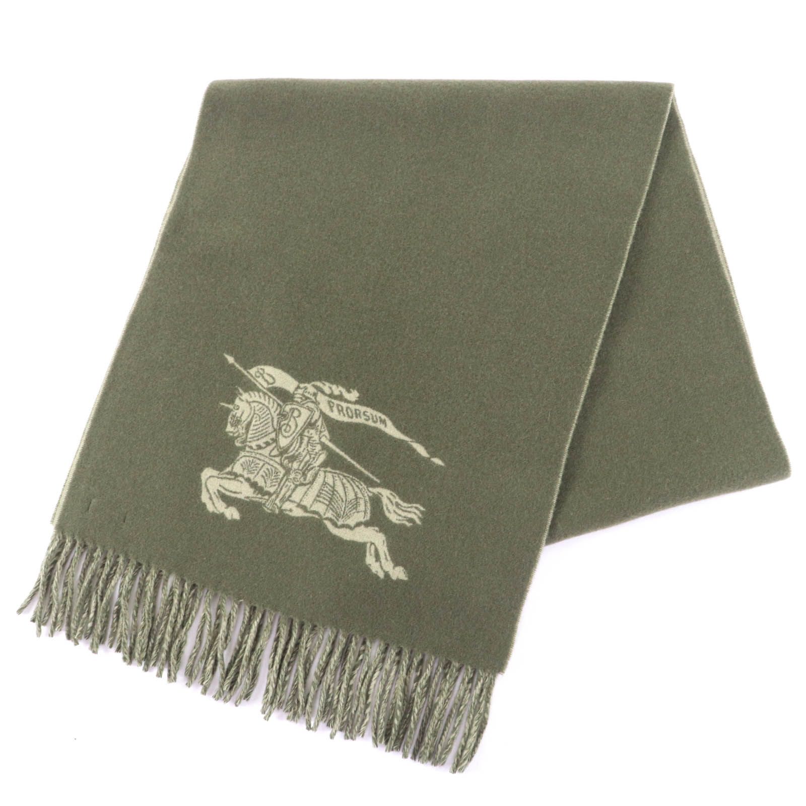 バーバリー 8078787 カシミヤ100％ 騎馬騎士デザイン フリンジ付き マフラー カーキ イタリア製 レディース