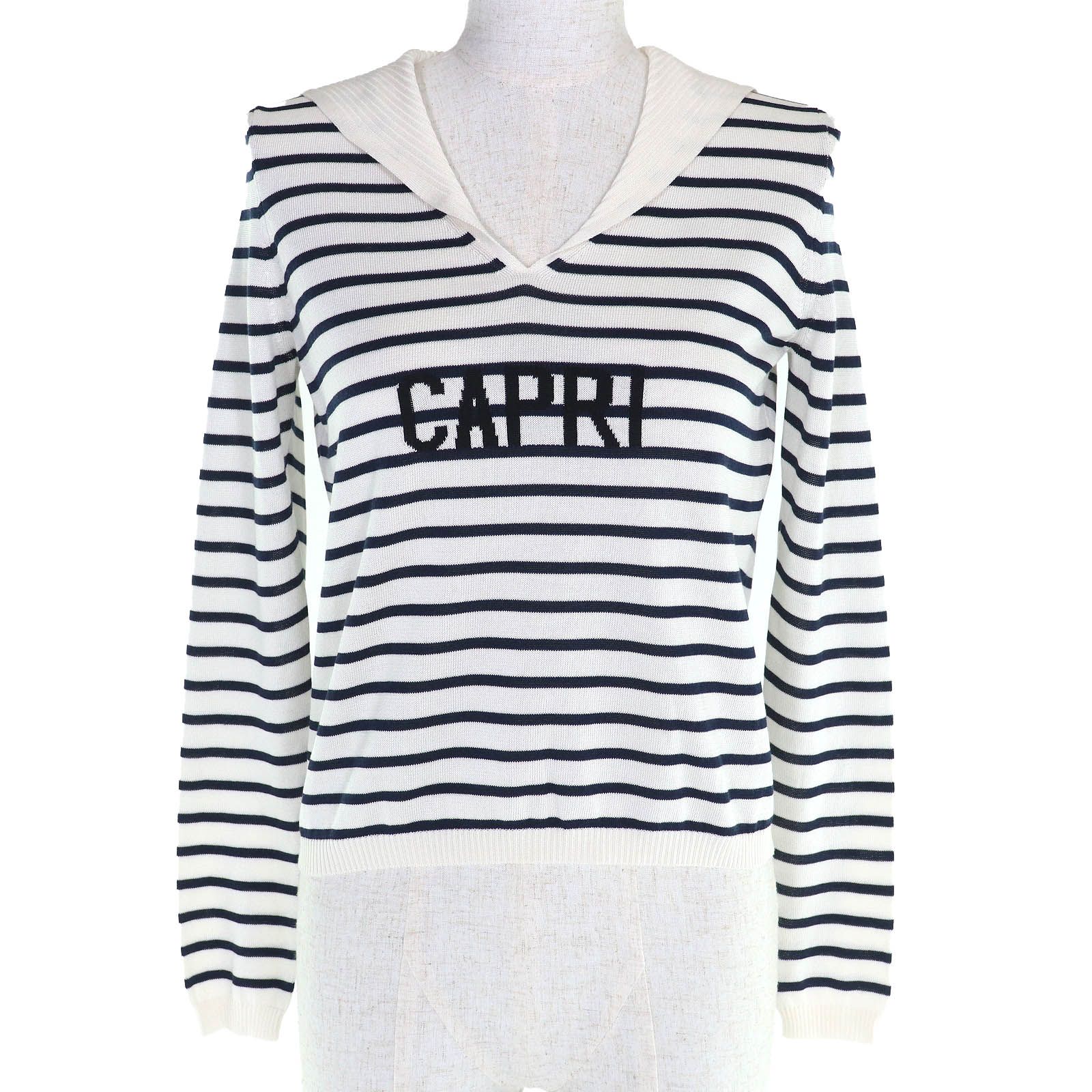 Christian Dior クリスチャンディオール シルク コットン CAPRI ボーダー柄 セーラー 長袖 ニット セーター ホワイト ネイビー 34 イタリア製 レディース