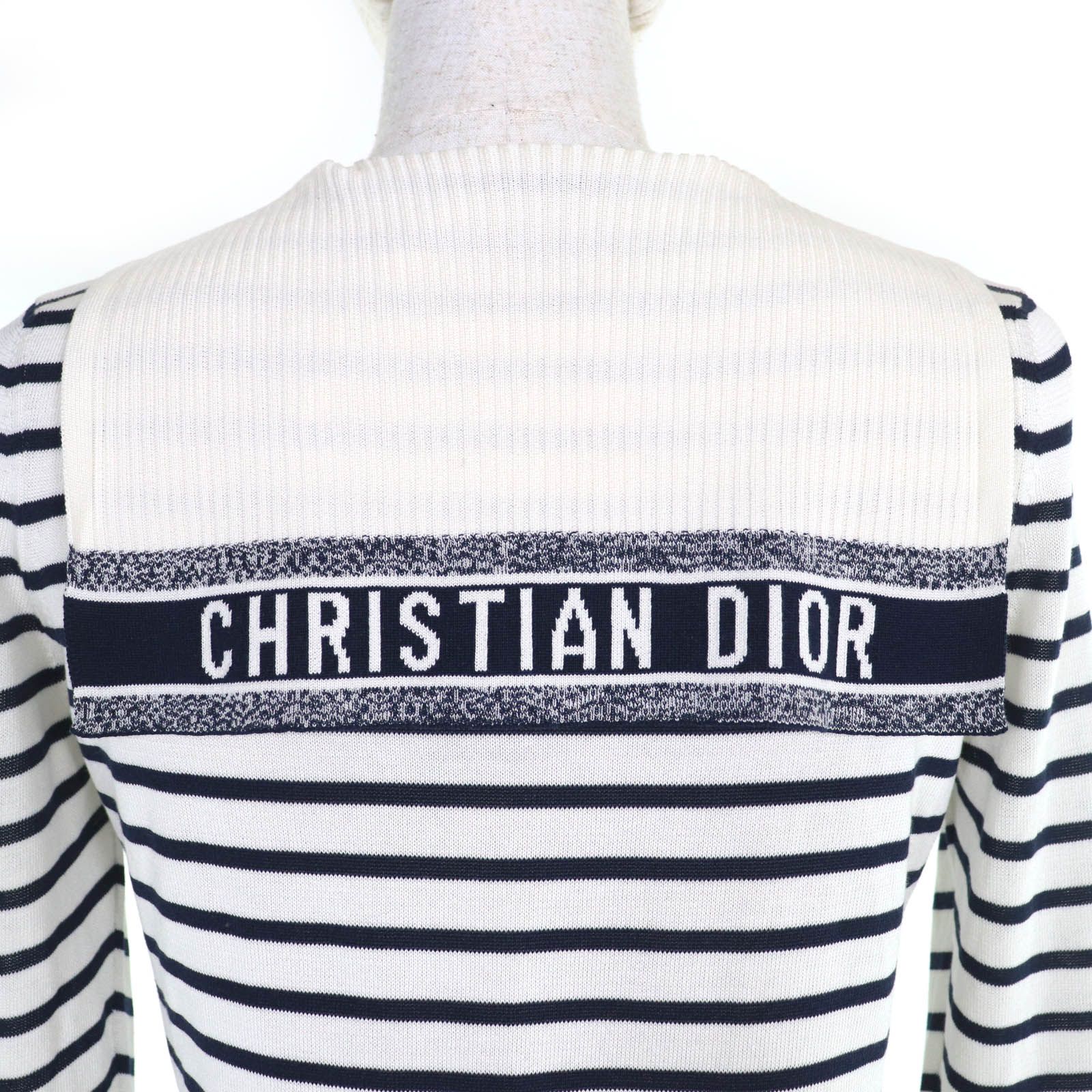 Christian Dior クリスチャンディオール シルク コットン CAPRI ボーダー柄 セーラー 長袖 ニット セーター ホワイト ネイビー 34 イタリア製 レディース 長袖 ニット セーター