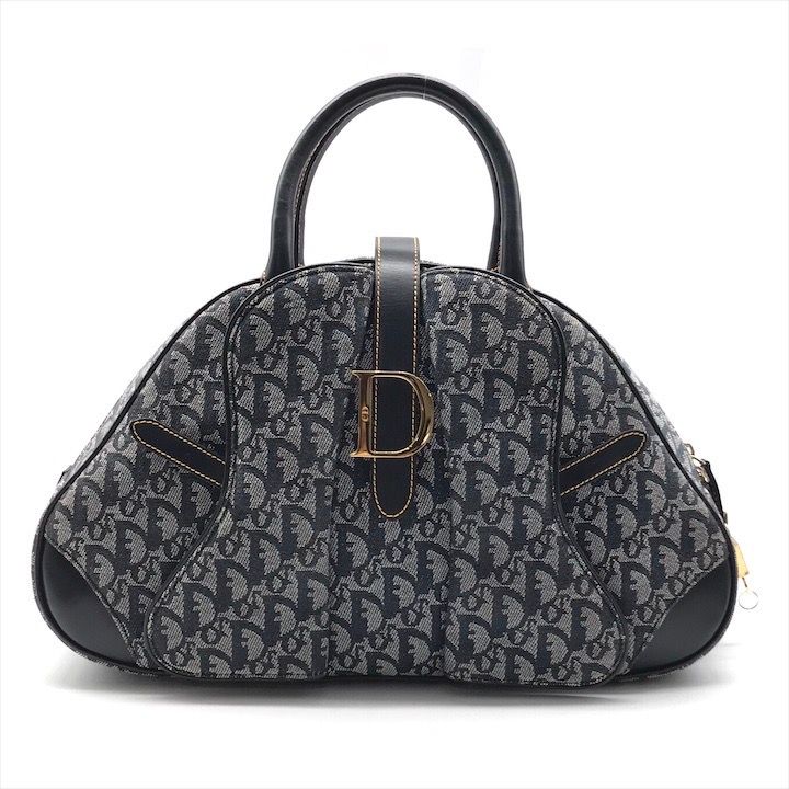 超 Christian Dior ディオール トロッター ハンド ダブルサドル バッグ ネイビー ゴールド金具 ブランド Bag レディース r 475