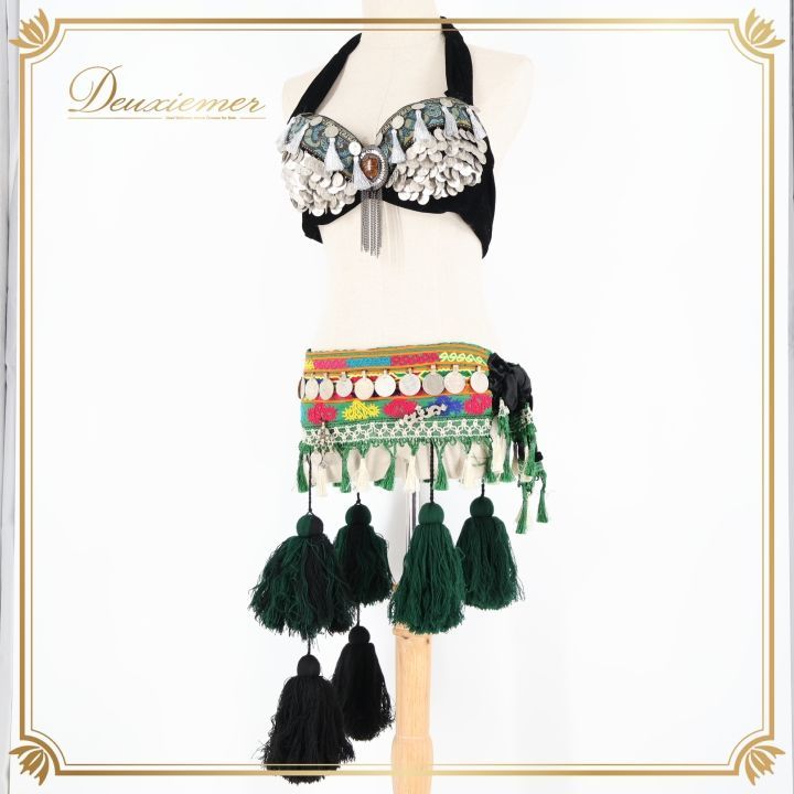 ベリーダンス トライバル 衣装 トップス ベルト セット ブラック系 コイン ストーン タッセル 黒 緑 黄 赤 豪華 装飾 ダンス衣装 ステージ 舞台 クール グリーン系 イエロー系 シルバー系 レッド系