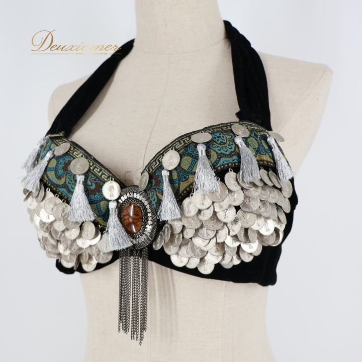 ベリーダンス トライバル 衣装 トップス ベルト セット ブラック系 コイン ストーン タッセル 黒 緑 黄 赤 豪華 装飾 ダンス衣装 ステージ 舞台 クール グリーン系 イエロー系 シルバー系 レッド系