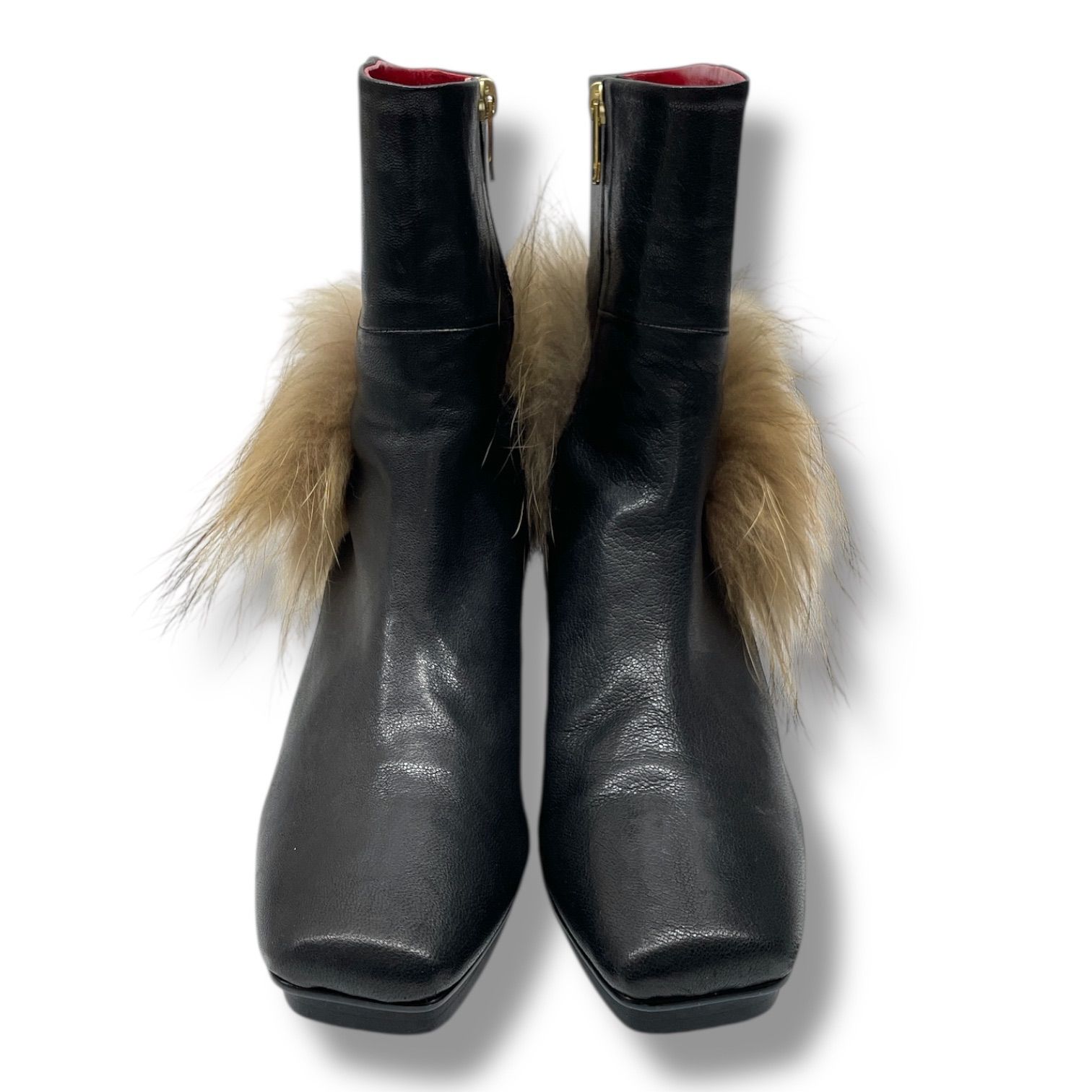 MANA マナ ファー付き ショートブーツ ブーティ レザー 革靴 ヒール サイドジップ 597125 黒 ブラック 23 cm レディース 秋 冬 ゴーゴー古着マルイファミリー 26 No.345