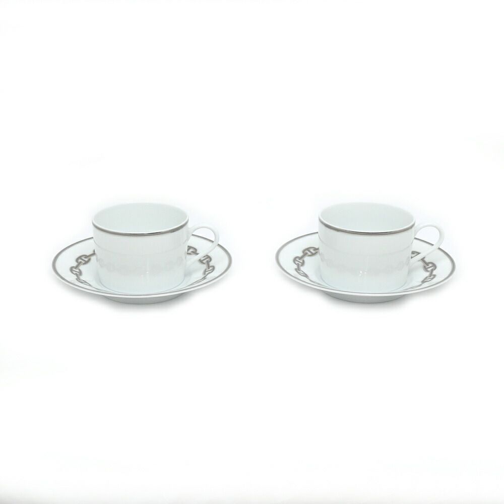 名東 エルメス ティーカップ＆ソーサー シェーヌダンクル 2客セット ホワイト プラチナ 白 陶器 小物 その他