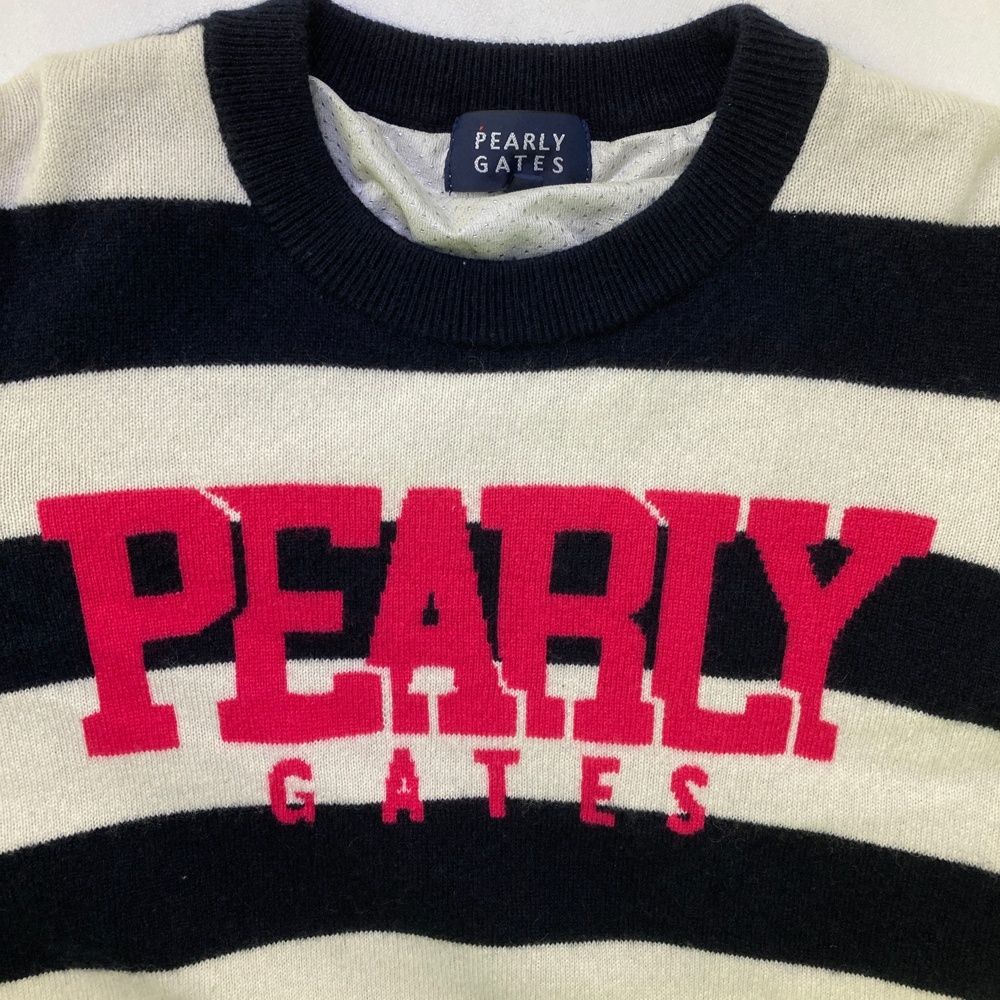 サイズ：1 PEARLY GATES パーリーゲイツ 2024年 裏地付きニットセーター ボーダー ネイビー系 [240101587865] ゴルフウェア レディース ストスト ゴルフ サイズ：1 PEARLY GATES パーリーゲイツ 2024年 裏地付きニット