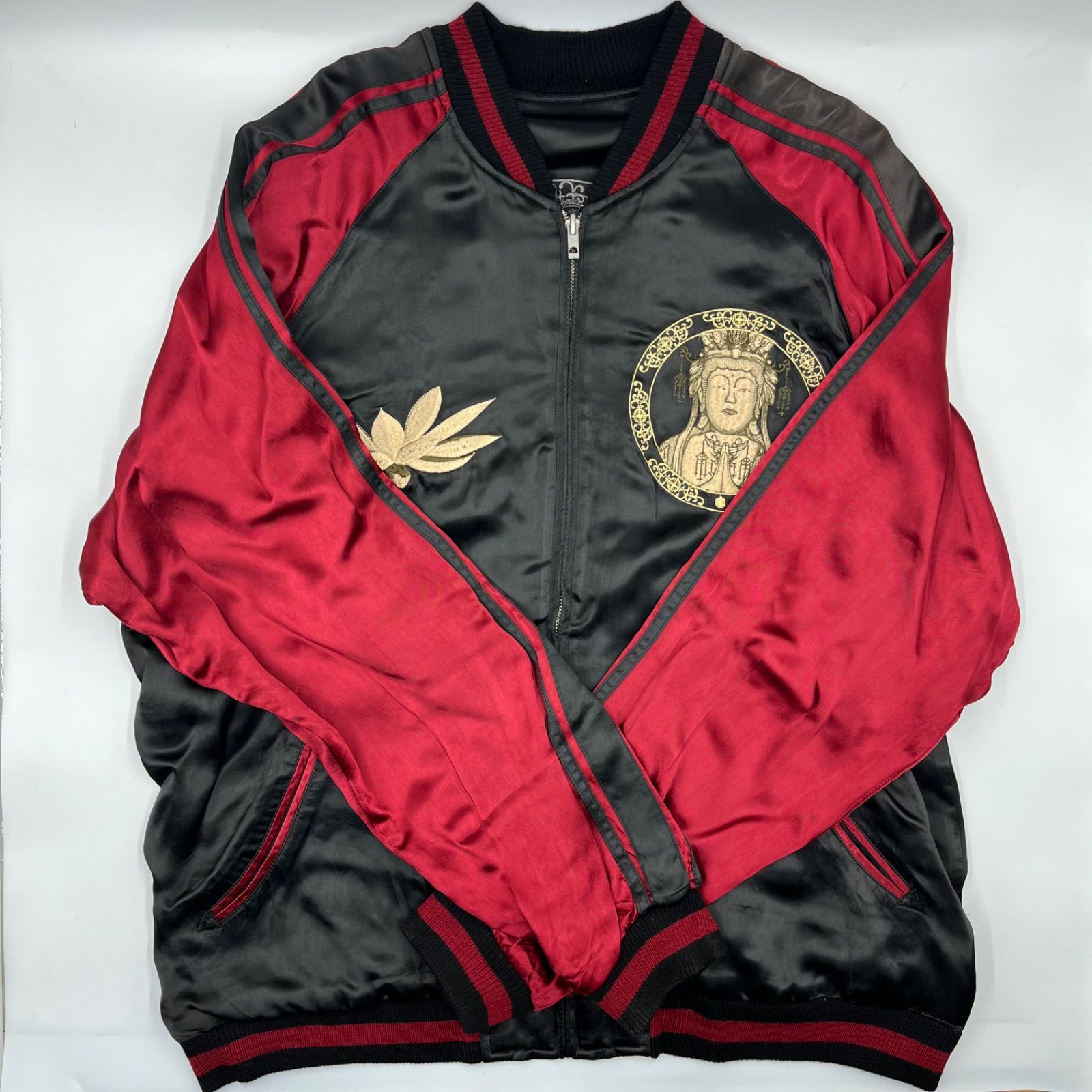 中古】スカジャン/XXLサイズ/千手観音/リバーシブル/刺繍/花旅楽団/赤