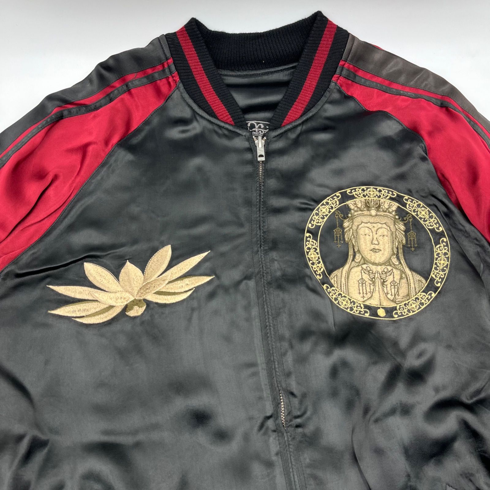 中古】スカジャン/XXLサイズ/千手観音/リバーシブル/刺繍/花旅楽団/赤