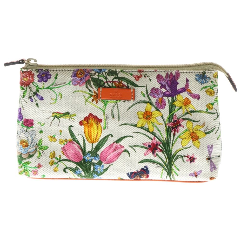 GUCCI グッチ フローラ フラワー ポーチ ケース セカンドバッグ アイボリー オレンジ レザー キャンバス 273693