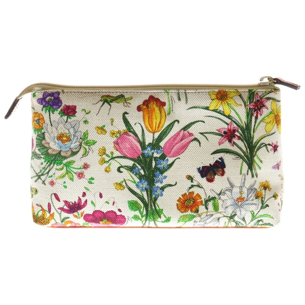 GUCCI グッチ フローラ フラワー ポーチ ケース セカンドバッグ アイボリー×オレンジ レザー×キャンバス 273693