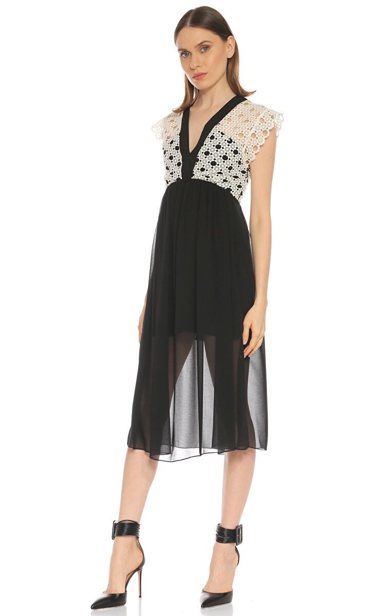 sandro サンドロ Vネックデイジーレース シフォン ミドル丈ワンピース ドレス 38 モノトーン ブラック ホワイト