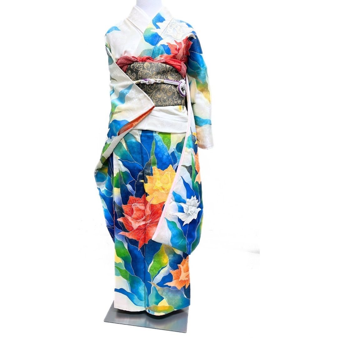 振袖 セミアンティーク 金彩 薔薇 白地 菊花 着物 122 p ms
