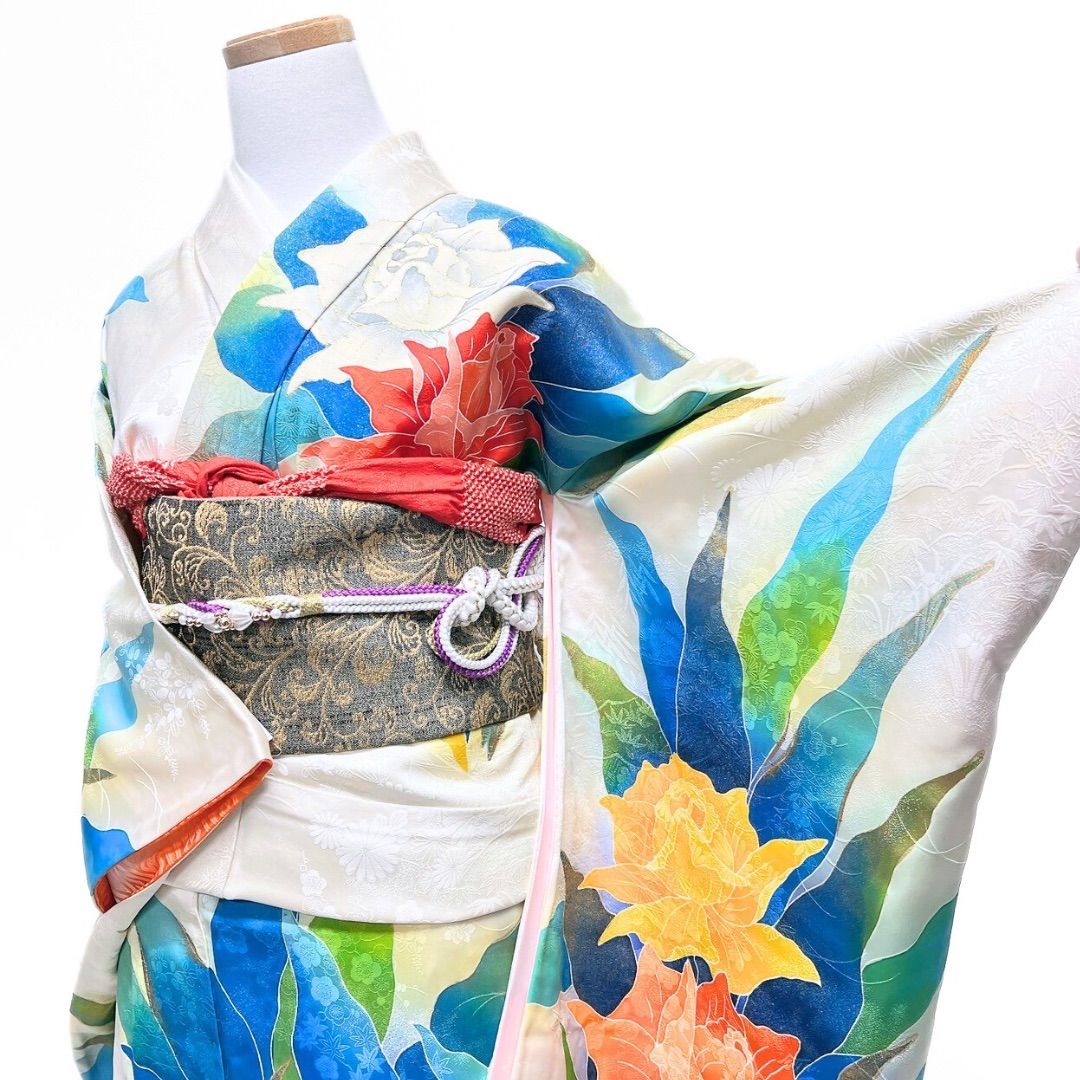 振袖 セミアンティーク 金彩 薔薇 白地 菊花 着物 122 p ms