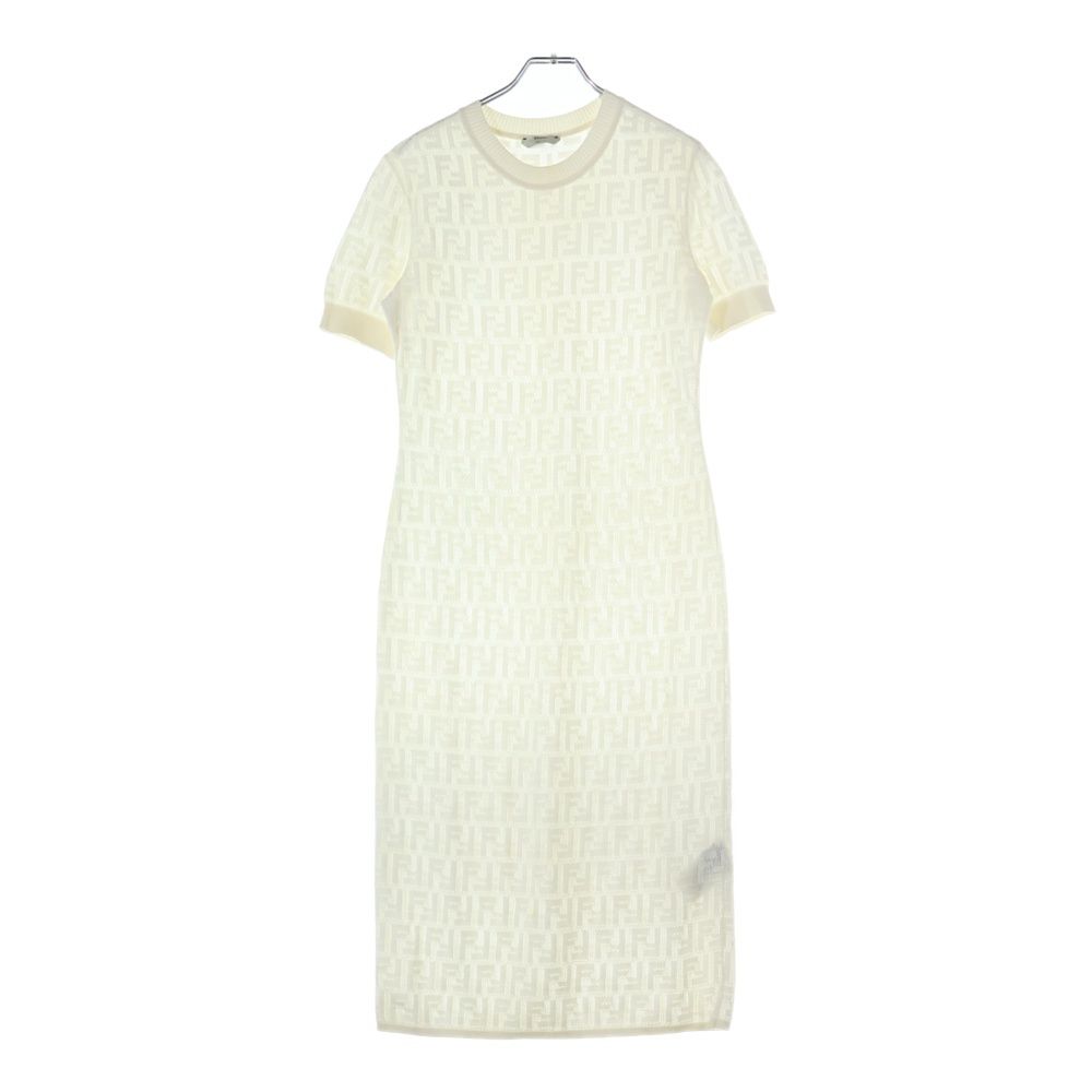 FENDI フェンディ インナー付き ズッカ柄 ニット半袖ワンピース FZD 772 A 8 KK ホワイト レディース
