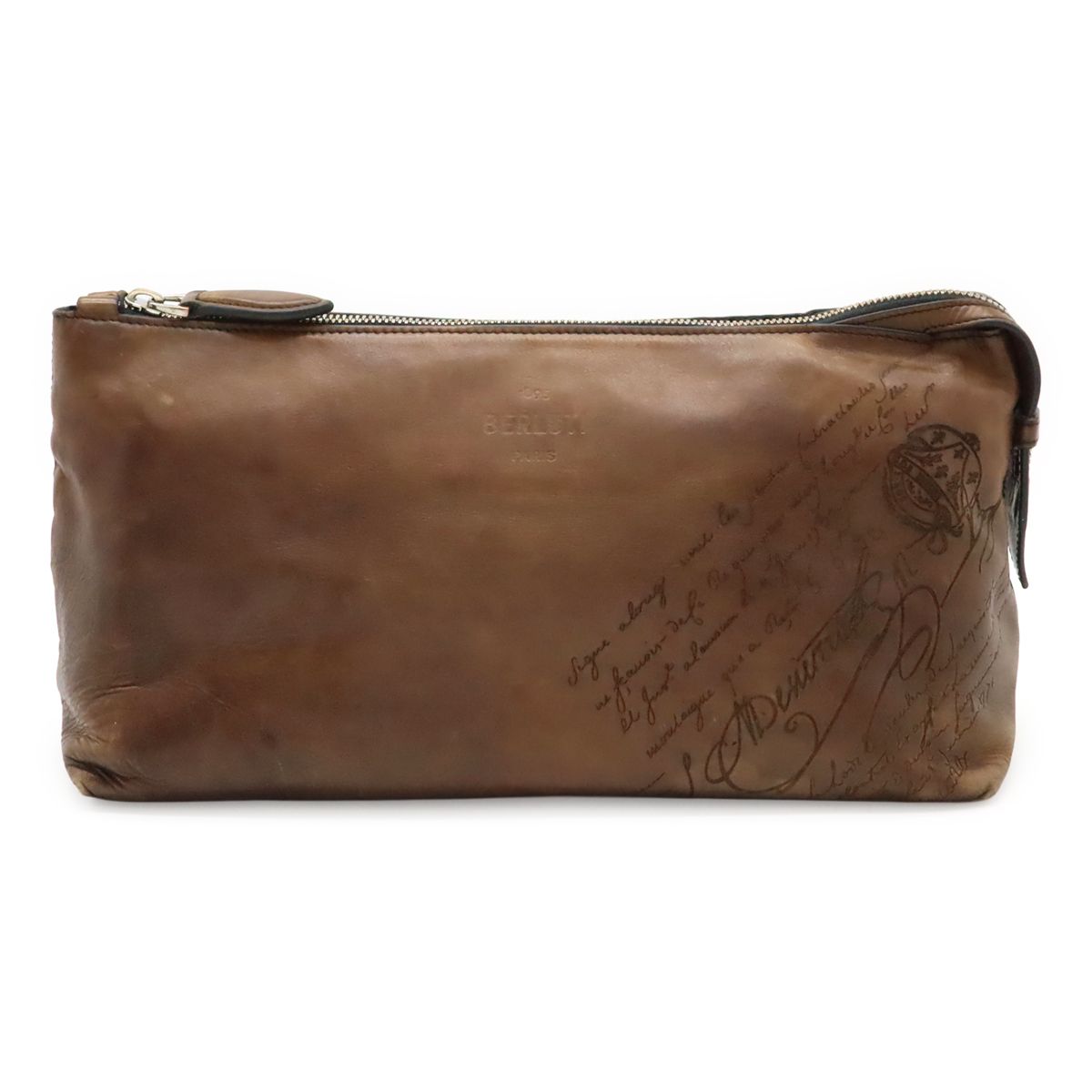 Berluti ベルルッティ アイビー スクリットスワイプ カリグラフィ トイレタリーポーチ クラッチバッグ セカンドバッグ ヴェネチアレザー ブラウン