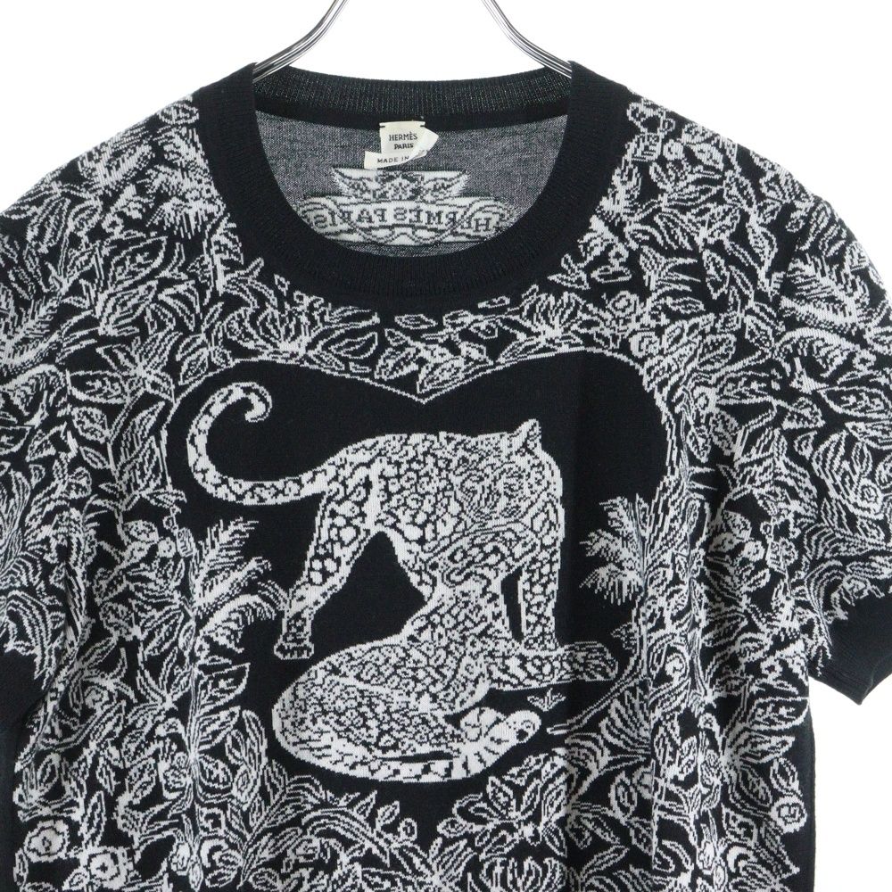 エルメス　半袖ニット　カシミア・シルク　ジャングルラブ　38 HERMES (エルメス) ジャングル ラブ カシミヤ アニマル ジャガード柄