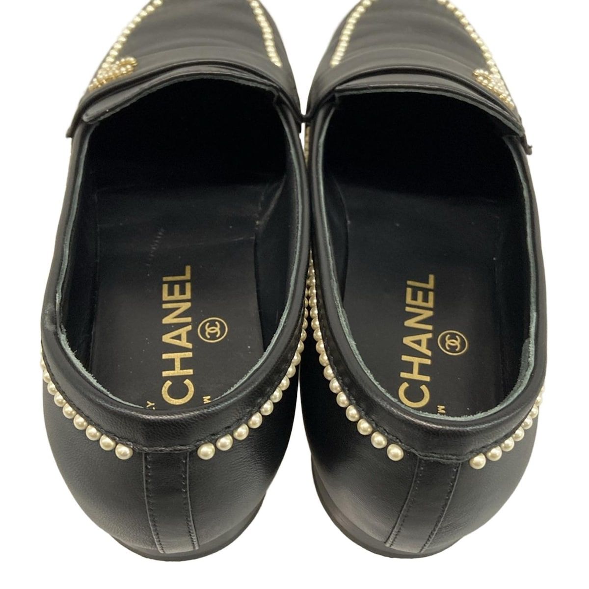  CHANEL シャネル ローファー 37 C レディース G 35797 黒 パール ゴールド金具 ラムスキン ローファー 革靴 靴