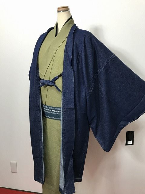 Lサイズ 男物 デニム羽織 綿 両腰ポケット付き 羽織紐付き