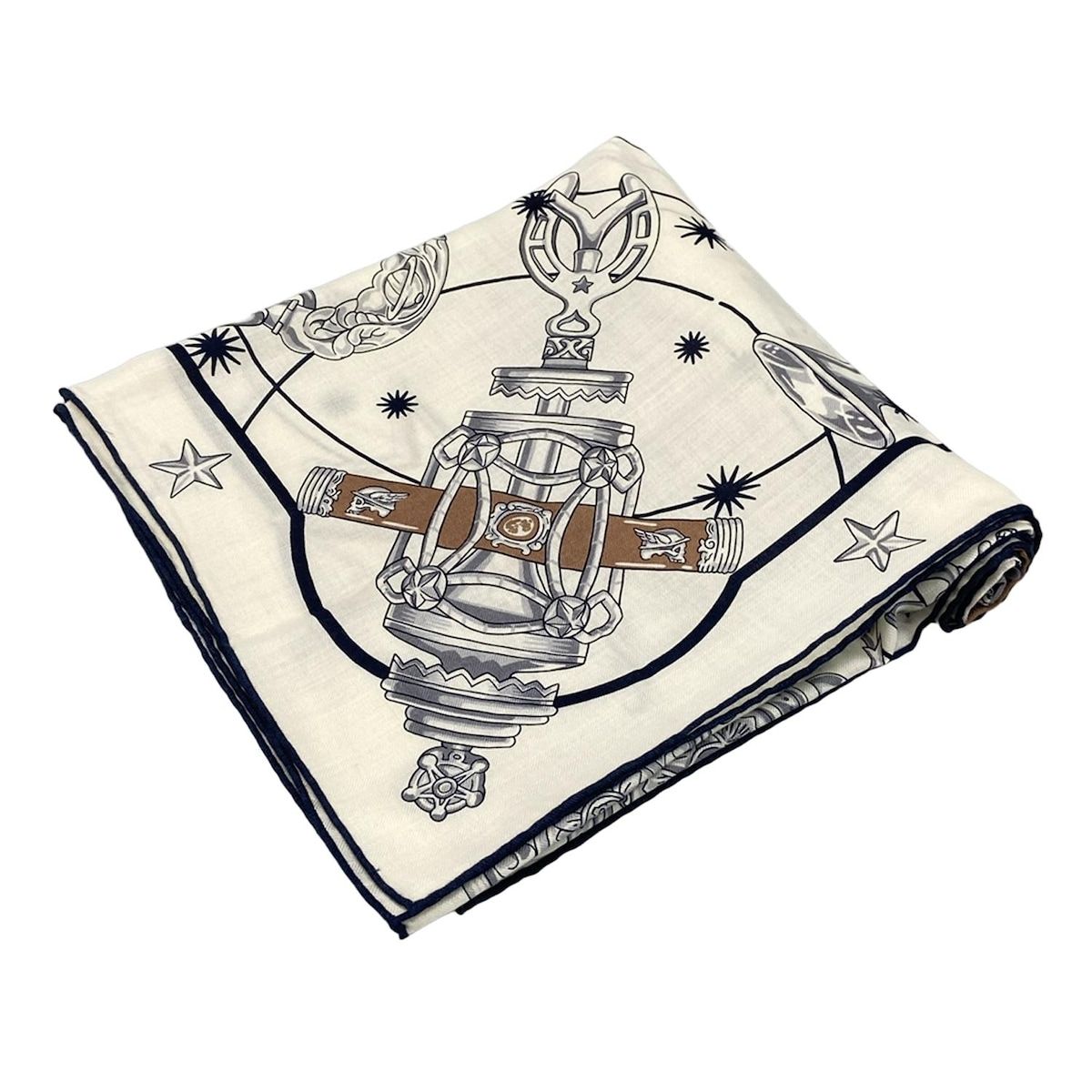 HERMES エルメス ストール ショール カレジェアン カレ140 04 白×ネイビー×マルチ カシミヤ シルク