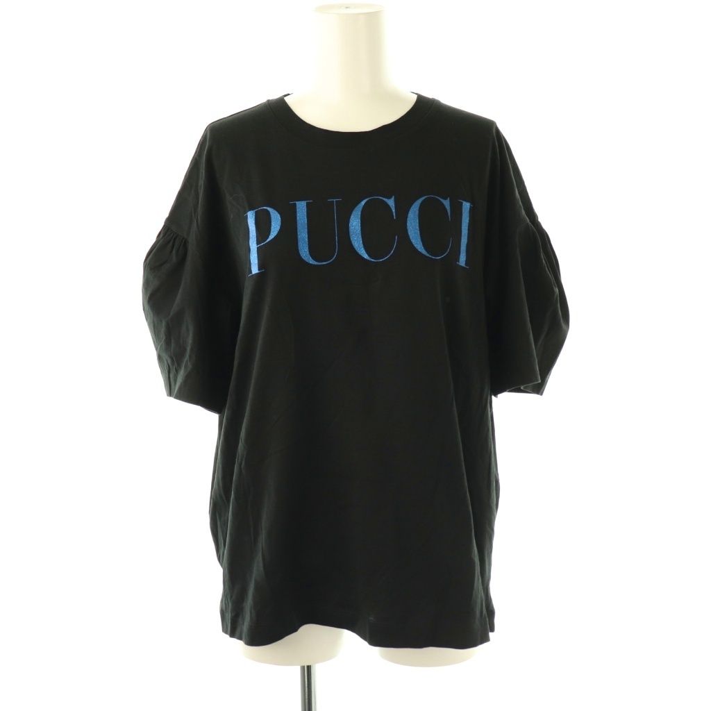 エミリオプッチ EMILIO PUCCI ロゴ ラメ 半袖 Tシャツ カットソー M ブラック ブルー CX OS