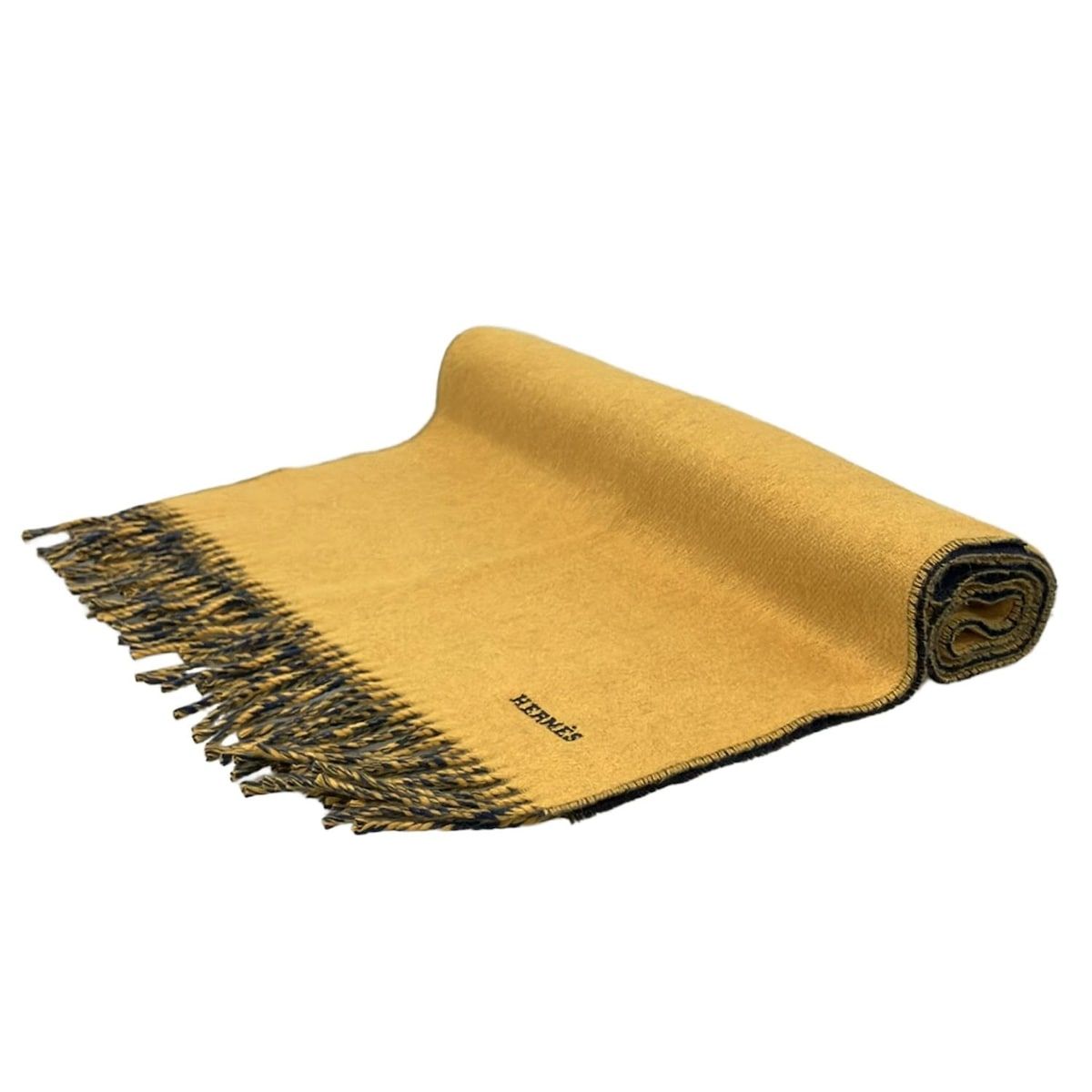 HERMES(エルメス) マフラー - ダークイエロー×ネイビー カシミヤ