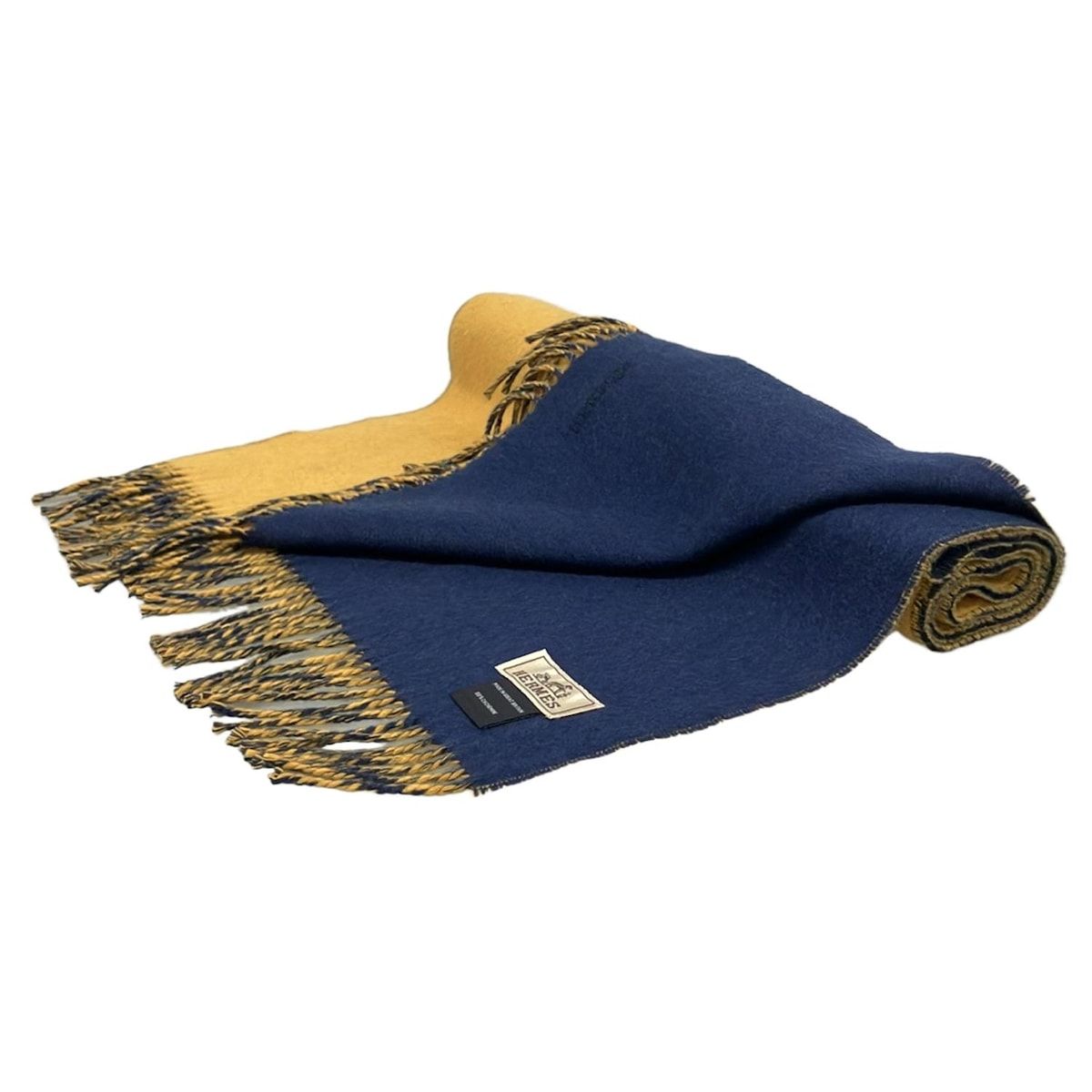 HERMES(エルメス) マフラー - ダークイエロー×ネイビー カシミヤ