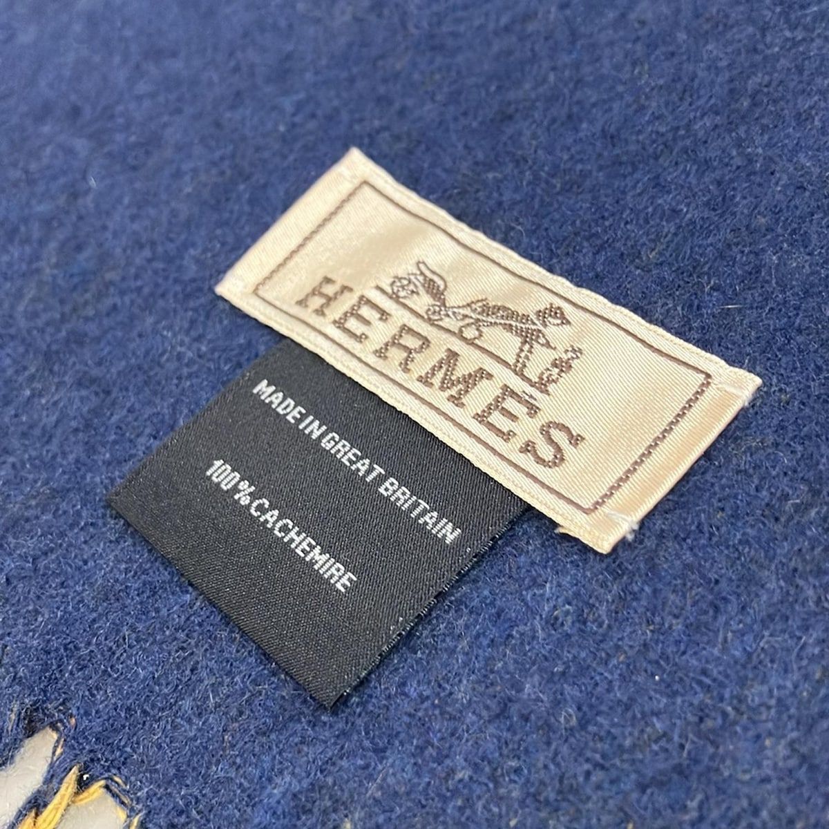 HERMES エルメス マフラー - ダークイエロー×ネイビー カシミヤ